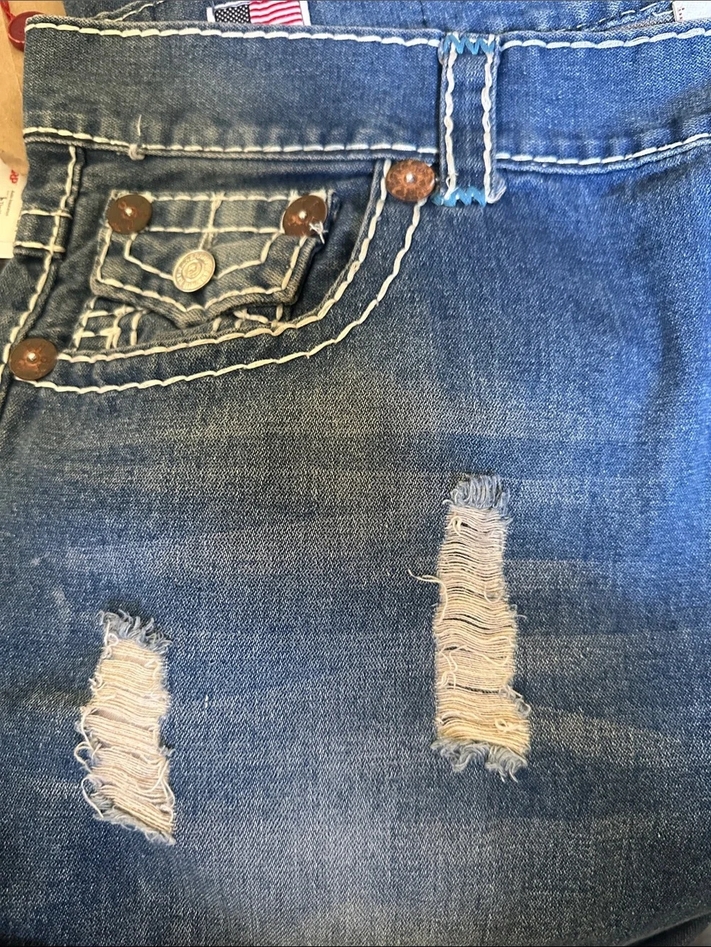 True Religion Ricky Super T Men’s Jeans Blue Patch Thick Stitch Size 40x34